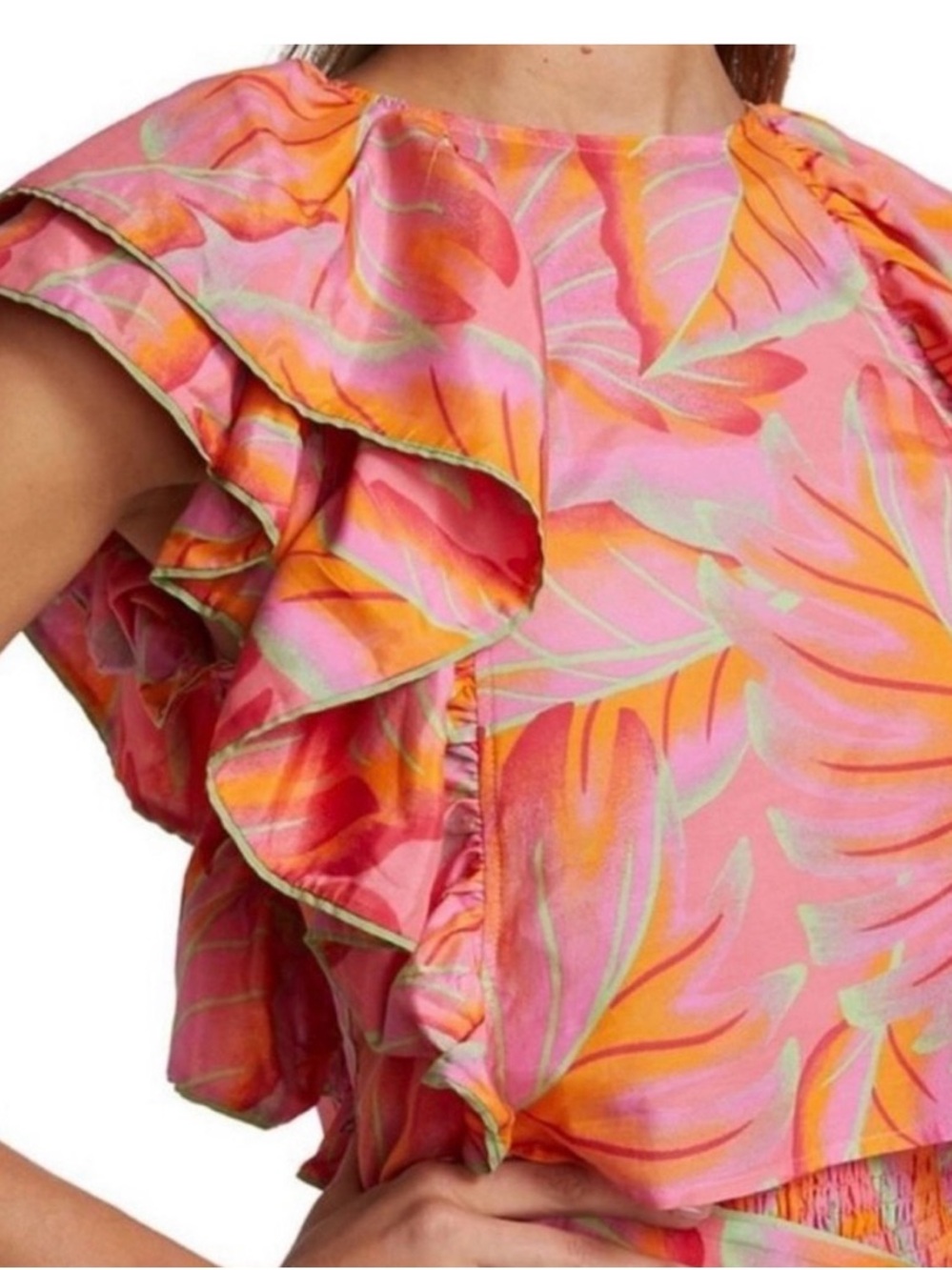 FARM Rio Pink Orange Tropical Ruffle Blouse